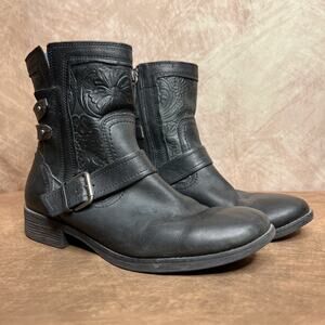 Comfortiva Floral Tooled Leather Strappy Buckle Ankle Boots Block Heel Black